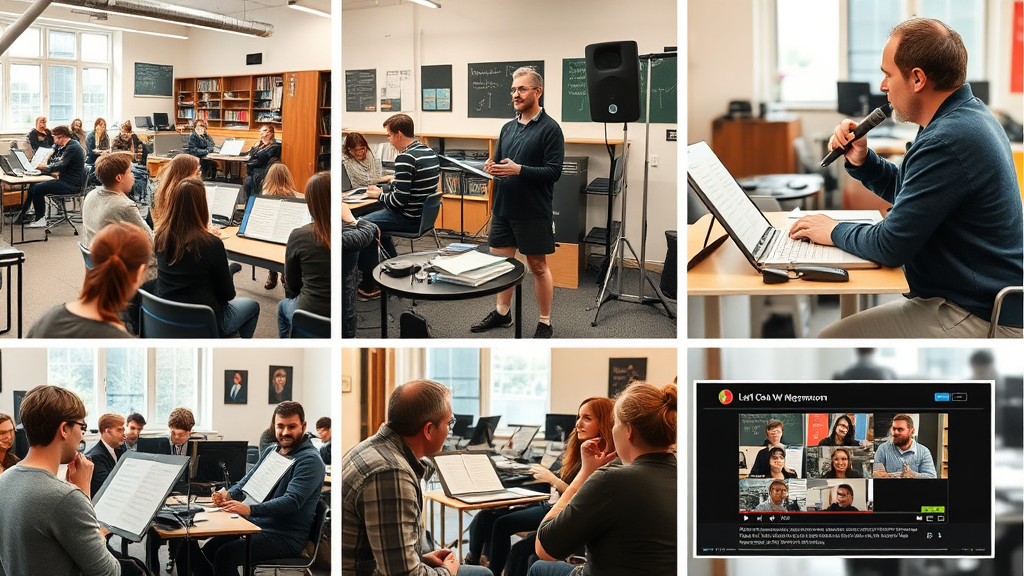 Collage aus Bildern einer Musikschule mit Schülern beim Unterricht, Lehrer bei einem Tutorial und Videos in sozialen Medien zur Förderung der Sichtbarkeit.