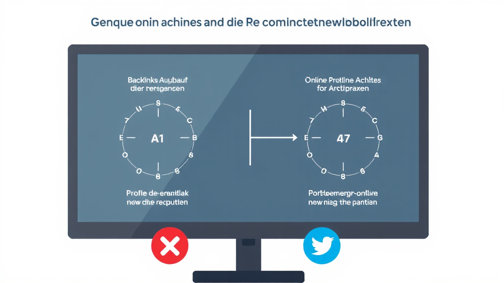 Grafik eines Computerbildschirms mit Diagrammen, die den Backlink-Aufbau zeigen, um die Online-Reputation von Arztpraxen zu verbessern, umgeben von Symbolen für soziale Medien.
