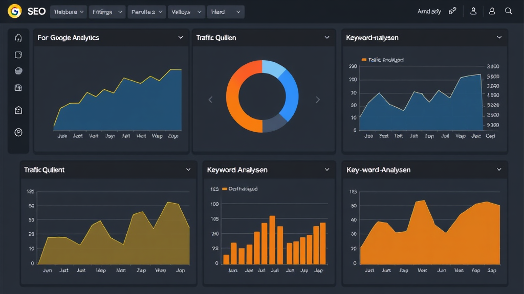 Grafik eines SEO-Dashboards mit Diagrammen zu Google Analytics, Traffic-Quellen und Keyword-Analysen, um den Erfolg von SEO-Maßnahmen für einen Malerbetrieb darzustellen.