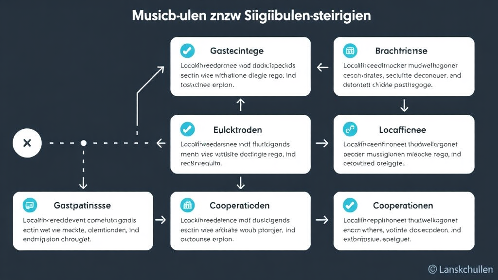 Grafik mit verschiedenen Backlink-Strategien für Musikschulen, einschließlich Gastbeiträge, Branchenverzeichnisse, Kooperationen und lokale Events zur Sichtbarkeitssteigerung.