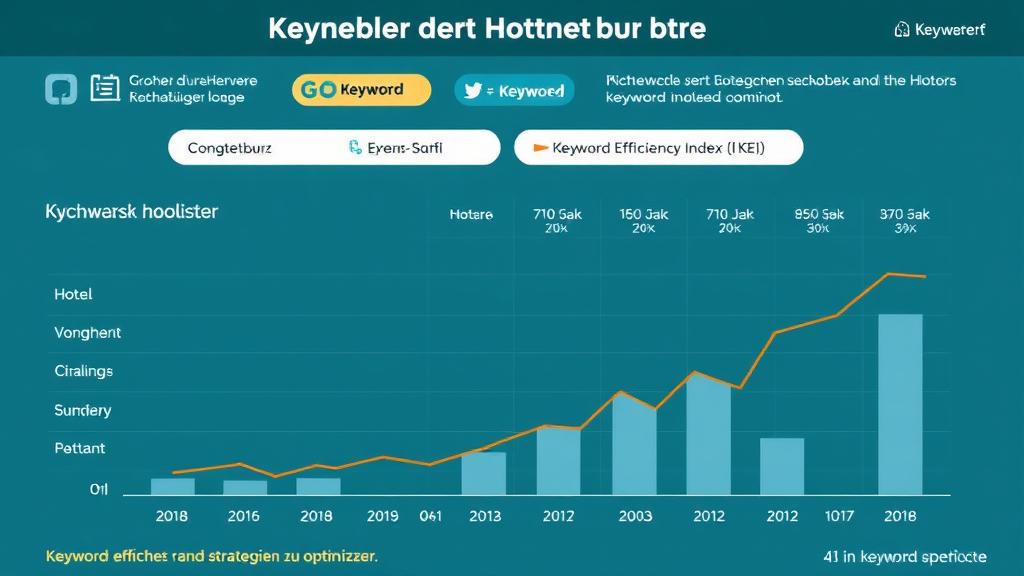 Grafik zur Keyword-Recherche für Hotels, die Suchbegriffe, Wettbewerbsanalyse und Keyword Efficiency Index (KEI) veranschaulicht, um SEO-Strategien zu optimieren.
