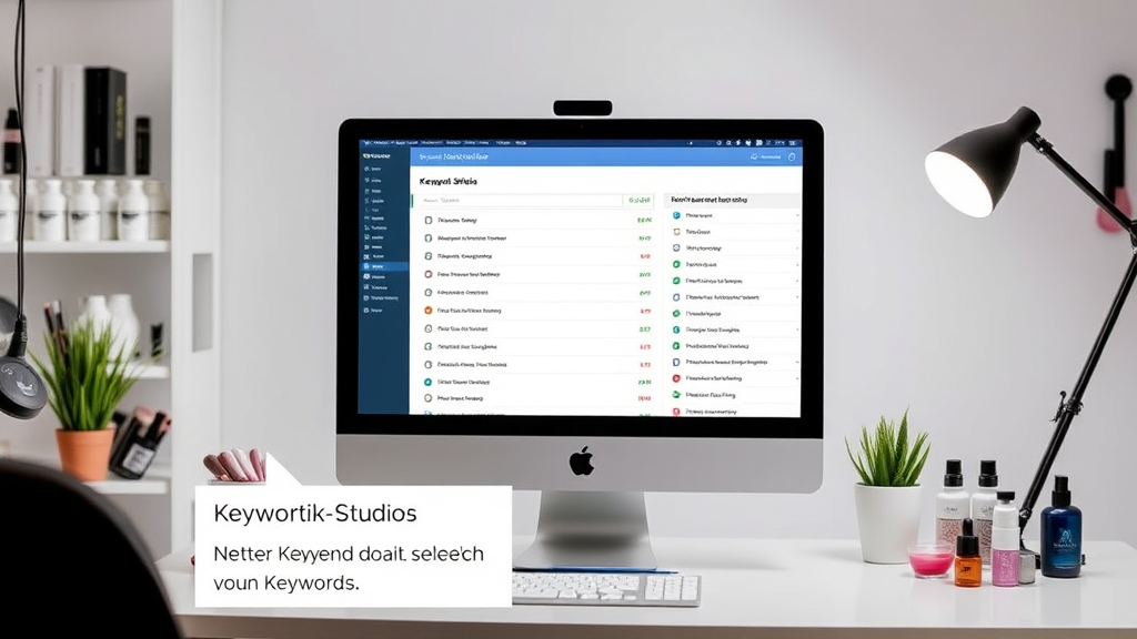 Grafische Darstellung eines Kosmetikstudios mit einem Computerbildschirm, auf dem Keyword-Analyse-Tools geöffnet sind, und Notizen über die Auswahl von Keywords.