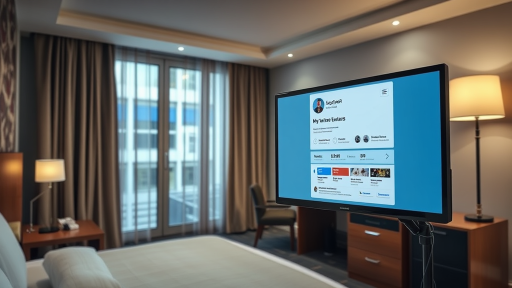 Hotelzimmer mit Blick auf die Rezeption und neuem Google My Business-Profil auf einem Computerbildschirm, um lokale Sichtbarkeit zu betonen.