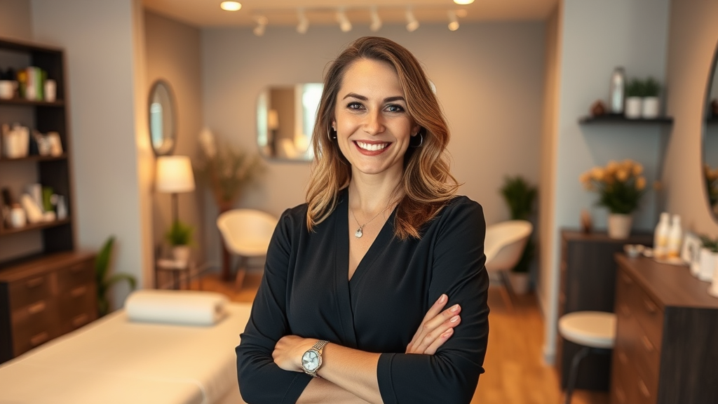 Kosmetikerin in einem einladenden Studio mit ansprechenden Behandlungsräumen, hochwertigen Produkten und einer aktiv genutzten Google My Business-Seite.