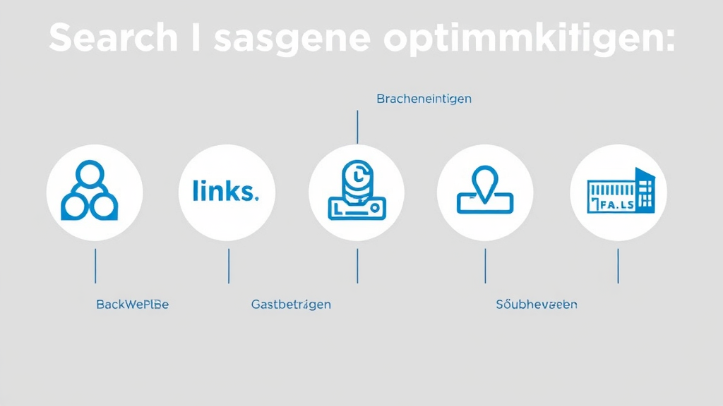 Symbolbild für Suchmaschinenoptimierung mit Grafiken zu Backlinks, Brancheneinträgen, Gastbeiträgen und lokalen Kooperationen im Baugewerbe.