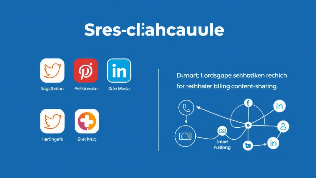 Visualisierung einer Sprachschule mit Social-Media-Icons, die unterschiedliche Plattformen repräsentieren, und Diagrammen zur erhöhten Sichtbarkeit und Reichweite durch Content-Sharing.